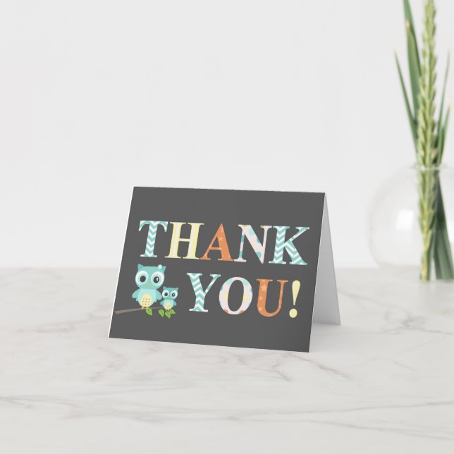 Baby Boy Blue Owl Thank yoU Card (Front)