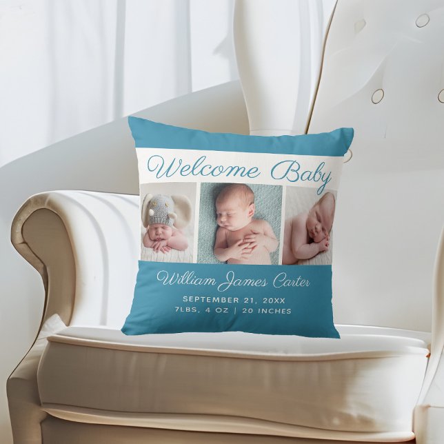 Baby Boy Blue Photo Collage Cute Newborn Keepsake Cushion (Creator Uploaded)