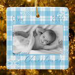 Baby boy blue plaid snowflake first Christmas Ceramic Ornament<br><div class="desc">A square Christmas ornament decorated with a blue plaid and snowflakes. Personalise it with a photo,  the name and the year to make a perfect gift for new parents or a beautiful keepsake for any family.</div>