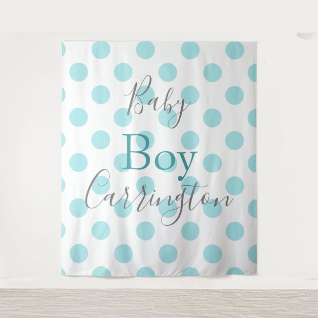 Baby Boy Blue Polkadot Script Baby Shower Tapestry (Front)