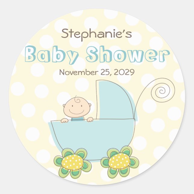 Baby Boy Blue Pram Polka Dots Baby Shower Stickers (Front)
