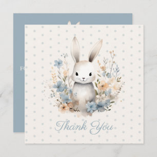 Baby Boy Blue Rabbit and Flowers Baby Shower Thank You Card