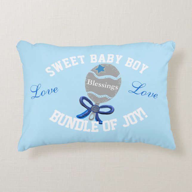 Baby Boy Blue Rattle Birth Stats Decorative Cushion (Front)