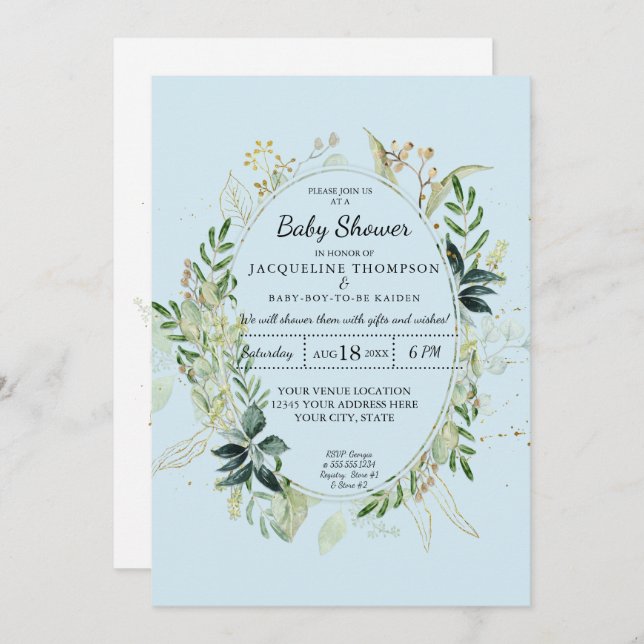 Baby Boy Blue Shower Watercolor Eucalyptus Foliage Invitation (Front/Back)
