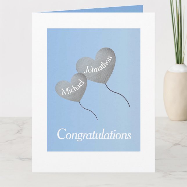 Baby boy blue & silver balloon twin christening card (Front)