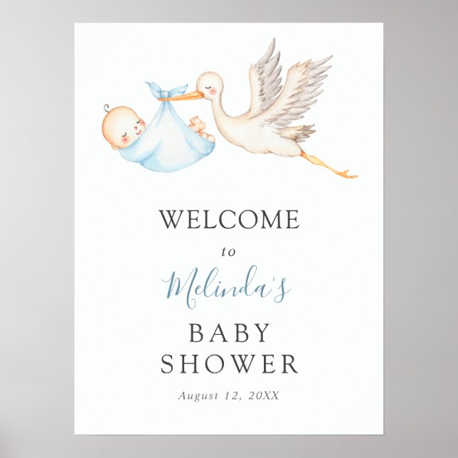 Baby Boy Blue Stork Baby Shower Welcome Poster (Front)
