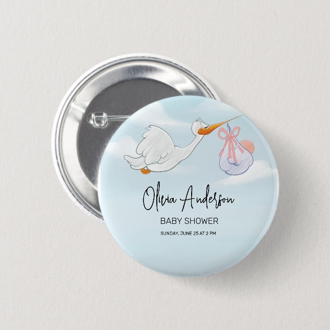 Baby Boy Blue Stork Boho Baby Shower Invitation 6 Cm Round Badge (Front & Back)