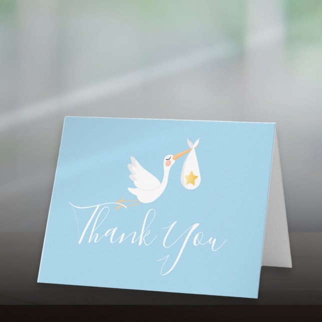 Baby Boy Blue Stork Gold Star Script Thank You Card (Baby Boy Blue Stork Gold Star Script Thank You Card)