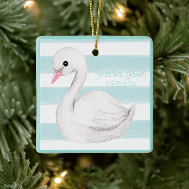 Baby Boy Blue Typography Name Date Keepsake Ceramic Ornament (Tree)