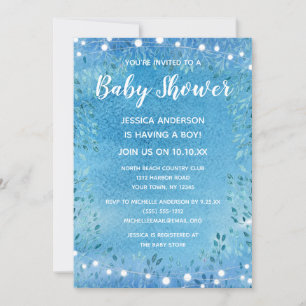 Baby Boy Blue Watercolor String Lights Baby Shower Invitation