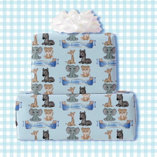 Baby Boy Blue Zoo Animals Add Name Giraffe Zebra Wrapping Paper (Creator Uploaded)