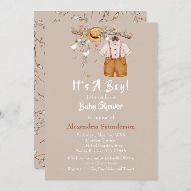Baby Boy Boho Rustic Greenery Invitation (Front/Back)