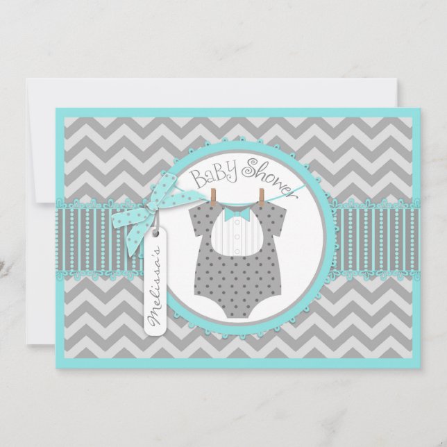 Baby Boy Bow Tie Chevron Print Baby Shower Invitation (Front)