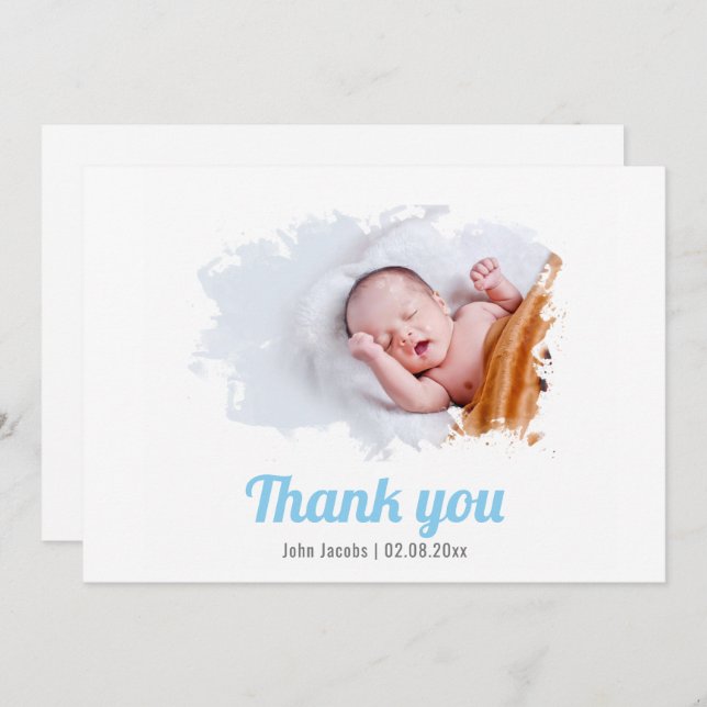 Baby boy, brushed photo effect, thank you card (Front/Back)