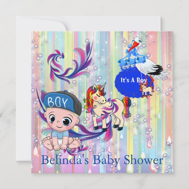 Baby Boy Bubbles & Unicorns Butterfly Invitation (Front)
