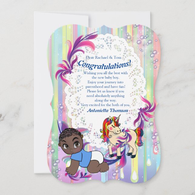 Baby Boy Bubbles & Unicorns Congrats card (Front)