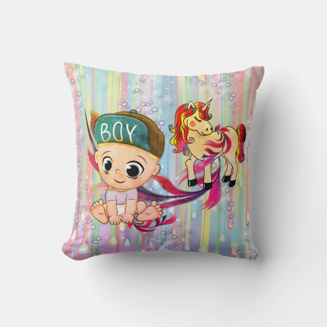 Baby Boy Bubbles & unicorns Cushion (Front)
