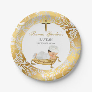 Baby Boy Christening Baptism Gold Silver Paper Plate