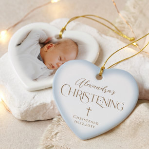Baby Boy Christening Cross Blue Heart Photo Ceramic Tree Decoration