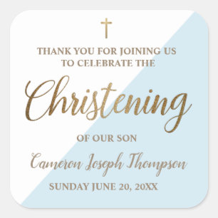 Baby Boy Christening Modern gold blue and white Square Sticker