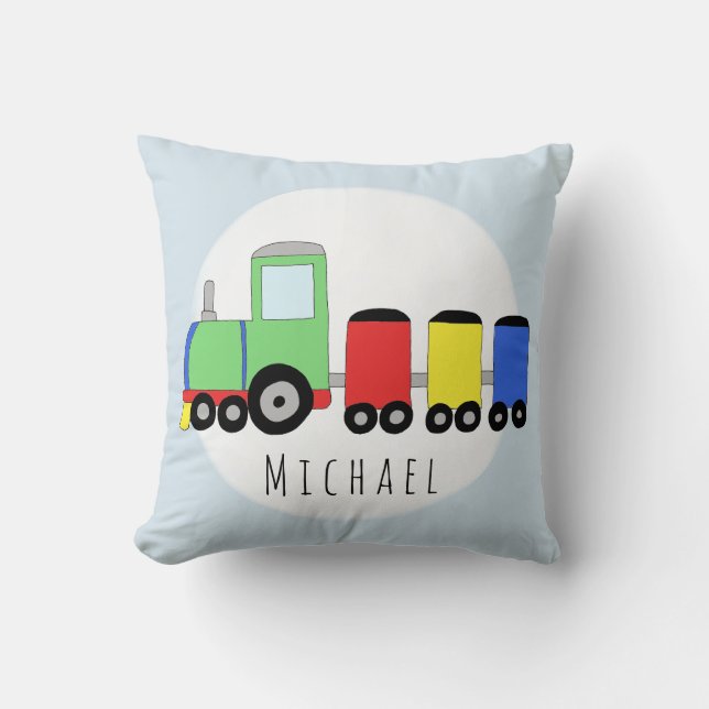 Baby Boy Colourful Locomotive Train Name Nursery Cushion (Front)
