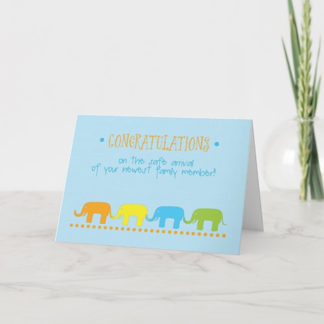 Baby Boy Congratulations, Blue, Orange Elephants Card (Front)