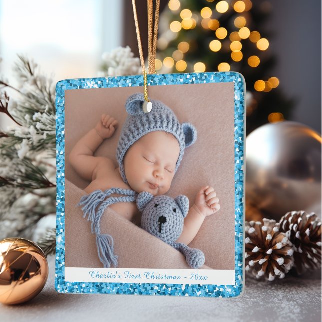 Baby Boy Custom My First Christmas Blue Glitter Ceramic Ornament (Creator Uploaded)