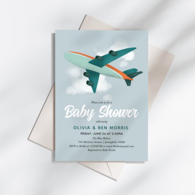 Baby Boy Cute Blue Aeroplane Travel Baby Shower Invitation (Creator Uploaded)