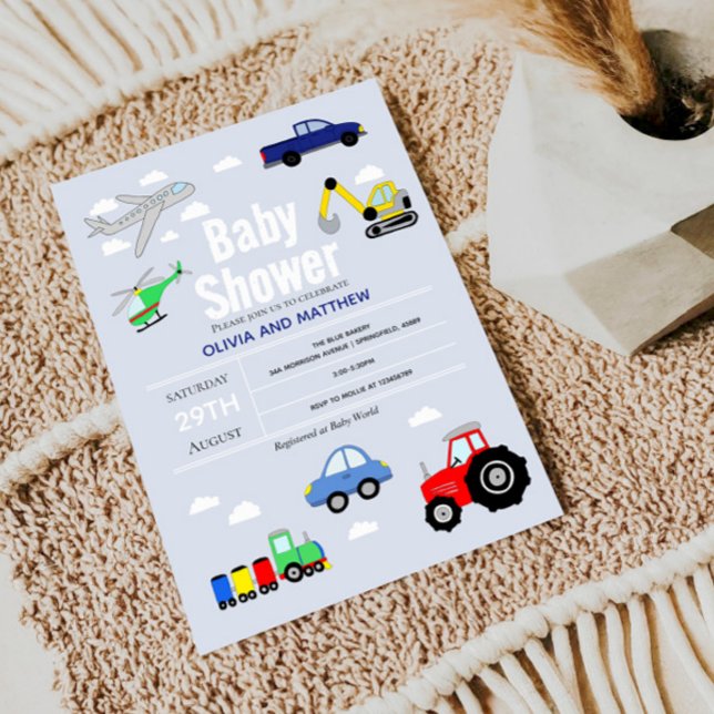 Baby Boy Cute Blue Car Train Travel Baby Shower Invitation (Creator Uploaded)