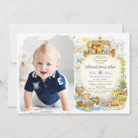 Baby Boy Cute Noah's Ark Baptism Photo Invitation