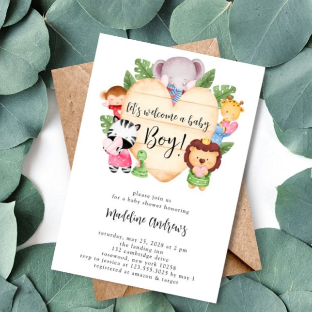 Baby Boy Cute Safari Animals Baby Shower Invitation (Creator Uploaded)