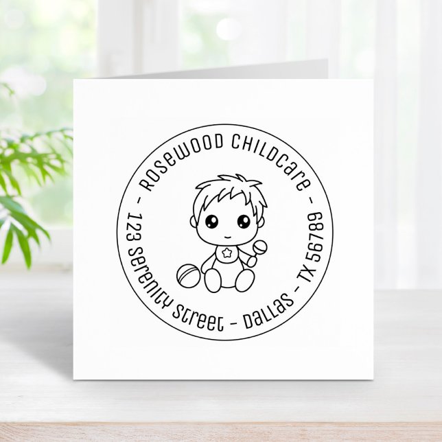 Baby Boy Daycare Childcare Round Address Rubber Stamp (Creator Uploaded)