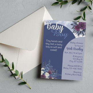 Baby Boy, Deep Blues/Purples Floral Baby Shower Invitation