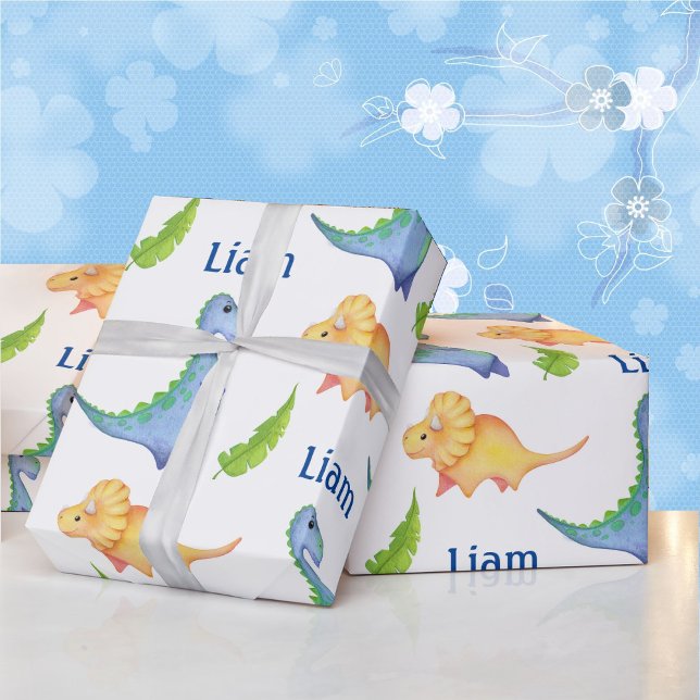 Baby Boy Dinosaur Nursery Cute Newborn Name Gift Wrapping Paper (Creator Uploaded)