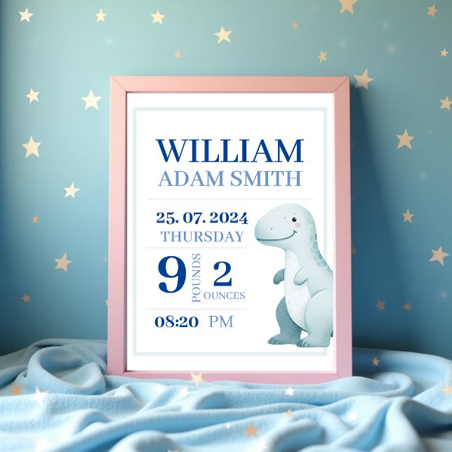 Baby Boy Dinosaur Personalized Birth Announcement Poster (Baby Boy Cute Dinosaur Personalised Birth Announcement Poster )