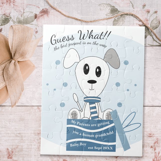 Baby Boy Dog Pregnancy Announcement (Blue) Jigsaw Puzzle (Creator Uploaded)