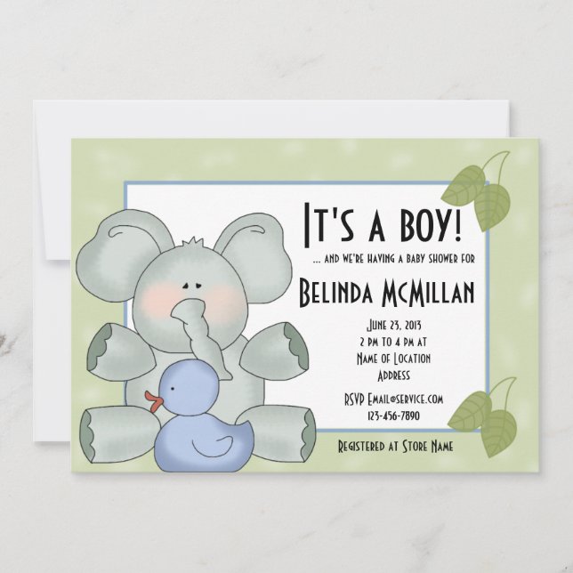 Baby Boy Elepant on Green Invitation (Front)