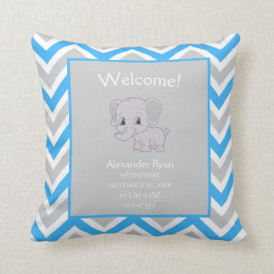 Baby Boy Elephant Chevron Birth Stats Keepsake Cushion