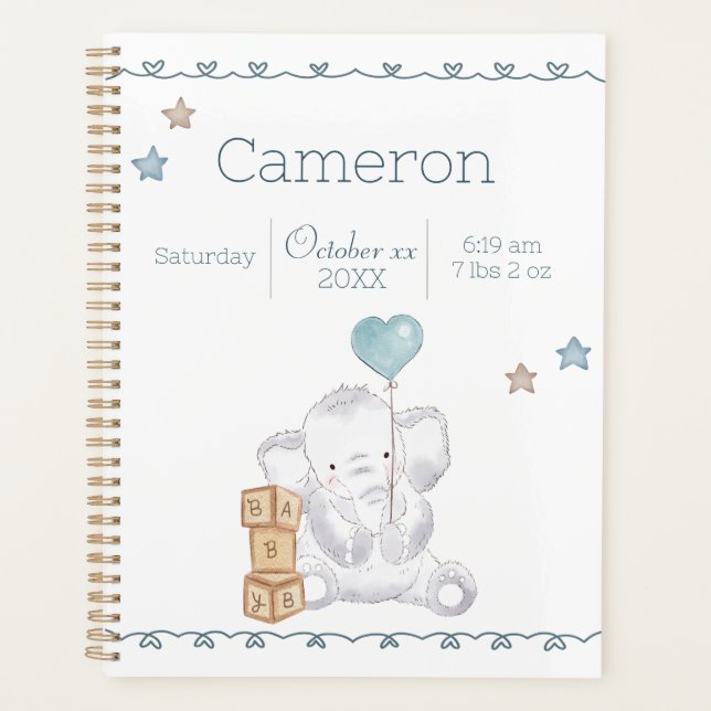 Baby Boy Elephant Custom Name and Birth Details Planner (Front)