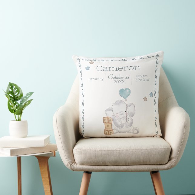 Baby Boy Elephant Custom Name Keepsake Cushion (Chair)
