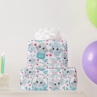 Baby Boy Elephant Cute Blue Baby Shower Baptism Wrapping Paper