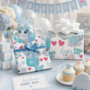 Baby Boy Elephant Cute Blue Baby Shower Baptism Wrapping Paper