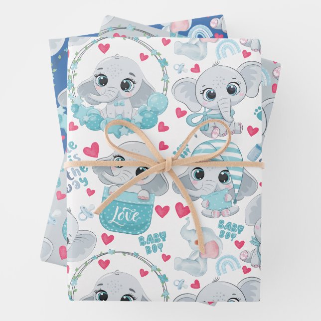 Baby Boy Elephant Cute Blue Baby Shower Baptism  Wrapping Paper Sheet (In situ)