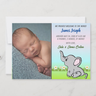 Baby Boy Elephant Flat Announcement Card