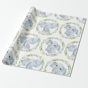 Baby Boy Elephant Greenery Baby Shower Wrapping Paper