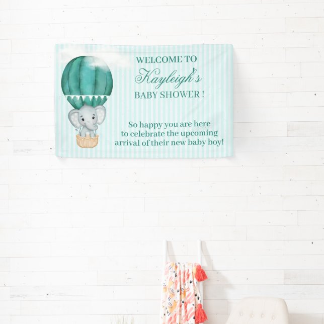  Baby Boy Elephant in Hot Air Balloon Baby Shower Banner (Insitu)
