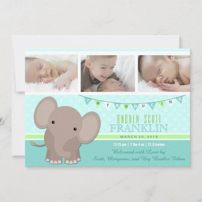 Baby Boy Elephant Photo Birth Announcement (Front)