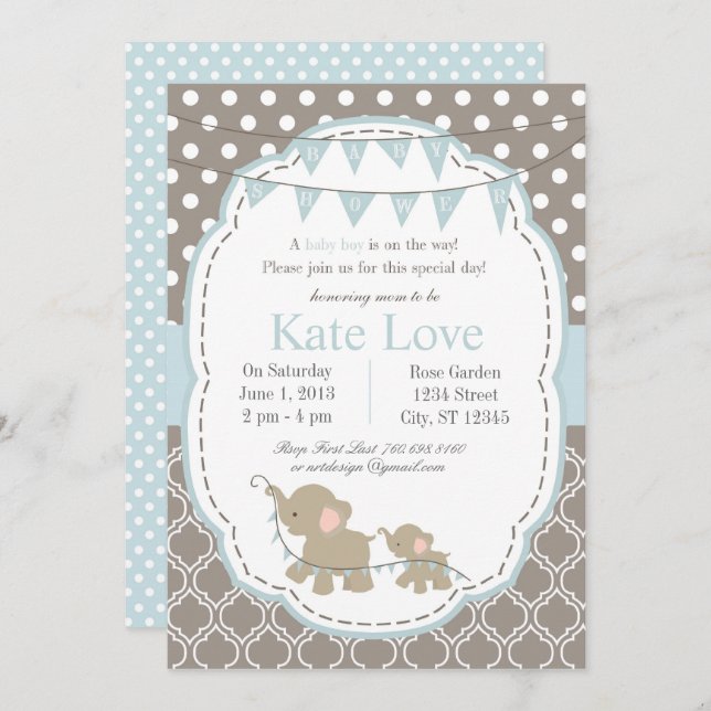 Baby Boy Elephant Shower Invitation - Blue (Front/Back)