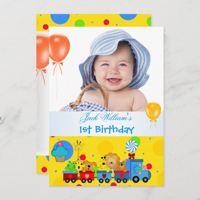 Baby Boy First Birthday 1st Train Blue Yellow Invitation (Front/Back)