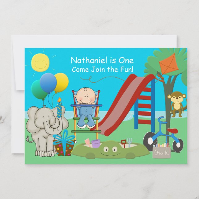 Baby Boy First Birthday Backyard Playground Invitation (Front)